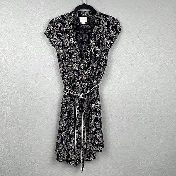 Anthropologie Maeve Noronha Wrap Dress Elephant Safari Novelty Print Black Sz M - Picture 3 of 15